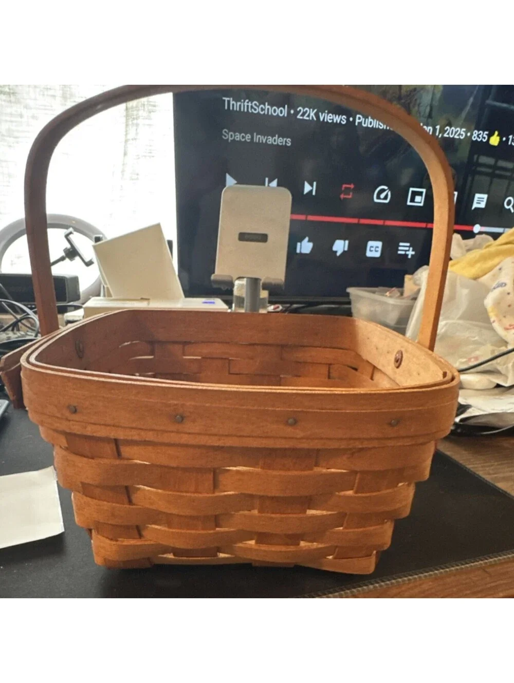 Longaberger Handwoven Wood Storage Basket 1992 Brown Rectangle Handle